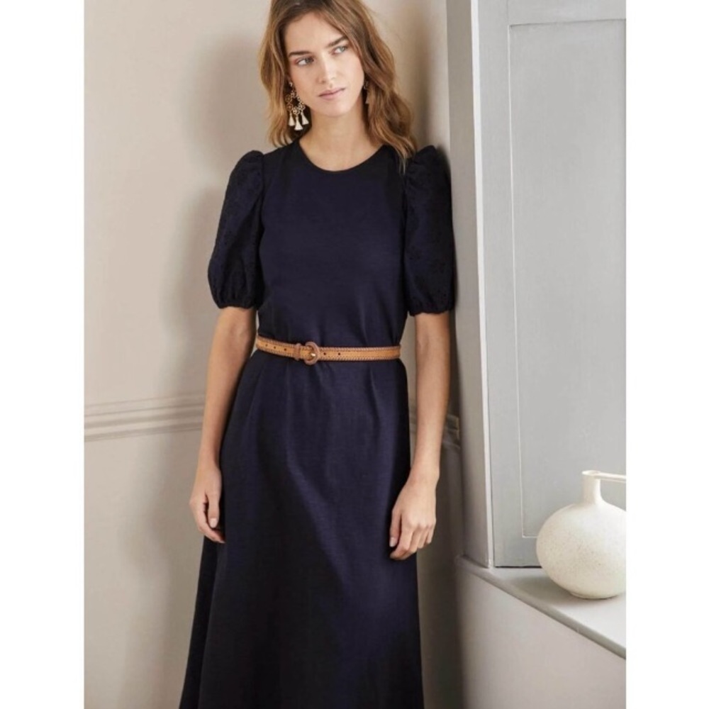 Boden Broderie Mix Jersey Midi Dress 12 Navy Blue Cotton Eyelet Puff Sleeves - Picture 13 of 13
